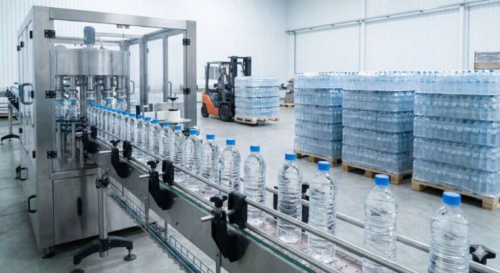 water bottles are preparing in a mineral water treatment plant